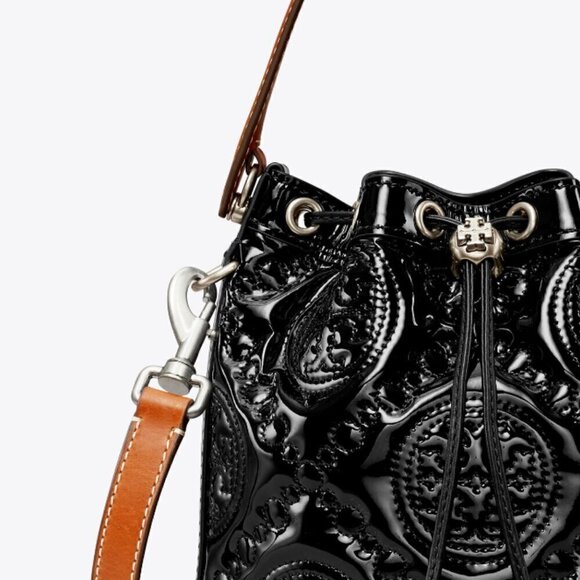 NWT! New! Tory Burch T Monogram Embroidered Patent Bucket Bag -BLACK Large - Picture 13 of 14